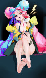 Rule 34 | 1girl, absurdres, artist name, bare legs, barefoot, bikini, blue hair, breasts, character hair ornament, creatures (company), feet, full body, game freak, grandia lee, hair ornament, halterneck, hand on own knee, highres, holding, holding poke ball, iono (pokemon), jacket, long hair, looking at viewer, medium breasts, multicolored hair, nail polish, nintendo, open clothes, open jacket, open mouth, pink hair, poke ball, pokemon, pokemon sv, red eyes, sharp teeth, sitting, solo, swimsuit, teeth, thigh strap, toenail polish, toenails, two-tone hair, very long hair