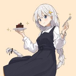 Rule 34 | 1girl, black dress, blue eyes, bracelet, braid, breasts, buttons, cake, chocolate cake, closed mouth, cowboy shot, dot nose, dress, food, fork, fruit, hair ornament, hands up, highres, holding, holding fork, holding plate, jewelry, kizuna akari, long braid, long hair, long sleeves, looking at viewer, minatsuki (m1natsuk1), mint, plate, raspberry, shirt, simple background, single braid, small breasts, smile, solo, sparkle, star (symbol), star hair ornament, voiceroid, white hair, white shirt, yellow background