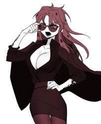 Rule 34 | 1girl, adjusting eyewear, arm tattoo, breasts, cleavage, diavolo, genderswap, genderswap (mtf), hand on own hip, jacket, jacket on shoulders, jojo no kimyou na bouken, large breasts, long hair, open clothes, open mouth, open shirt, pantyhose, pencil skirt, red hair, sempon (doppio note), skirt, solo, spotted hair, sunglasses, tattoo, v-shaped eyebrows, vento aureo