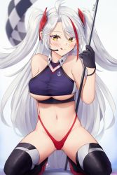 Rule 34 | 1girl, :q, antenna hair, azur lane, bare arms, bare shoulders, black gloves, black thighhighs, blush, breasts, checkered flag, commentary, crop top, d.birb, flag, gloves, gradient background, grey background, hand up, headset, high heels, highleg, highleg panties, highres, holding, holding flag, large breasts, long hair, looking at viewer, midriff, multicolored hair, navel, official alternate costume, panties, prinz eugen (azur lane), prinz eugen (final lap) (azur lane), red hair, seiza, shirt, silver hair, sitting, sleeveless, sleeveless shirt, smile, solo, stomach, streaked hair, thighhighs, thighs, tongue, tongue out, two side up, underboob, underwear, very long hair, yellow eyes