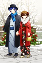 Rule 34 | 1boy, 1girl, alternate costume, alternate hairstyle, bag, bare tree, blue hair, blue scarf, blush, brown eyes, brown hair, bush, closed mouth, coat, couple, day, fence, floral print, food, fruit, fur collar, furisode, hair between eyes, hamura mayu, haori, hat, hetero, holding, holding bag, holding hands, japanese clothes, kaito (vocaloid), kimono, long sleeves, looking at viewer, meiko (vocaloid), nail polish, new year, obi, one side up, outdoors, pavement, print kimono, red nails, sandals, sash, scarf, shadow, smile, snow, swept bangs, tabi, tree, vocaloid, walking, wide sleeves, wooden fence