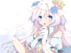 Rule 34 | 1girl, animal ears, bad id, bad pixiv id, blue eyes, blue flower, blue rose, blush, breasts, cleavage, crown, flower, gloves, hair flower, hair ornament, highres, long hair, looking at viewer, open mouth, original, pink hair, rose, solo, upper body, white gloves, zinpati