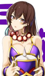 Rule 34 | 1girl, bad id, bad pixiv id, bare shoulders, blush, bracer, breasts, brown eyes, brown hair, cleavage, doko tetora, earrings, fate/grand order, fate (series), hat, unworn hat, unworn headwear, jewelry, long hair, looking at viewer, medium breasts, necklace, open mouth, solo, upper body, xuangzang sanzang (fate)
