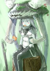 Rule 34 | 10s, 1girl, absurdres, abyssal ship, bad id, bad pixiv id, bodysuit, cape, cookie, cup, eating, food, gloves, grass, hat, highres, kantai collection, long hair, mijinko135, monster, moss, pale skin, personification, silver hair, sitting, tea, tree stump, wo-class aircraft carrier, yunomi