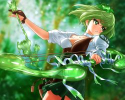 Rule 34 | 1girl, arrow (projectile), bow (weapon), breasts, brown gloves, canteen, cell (card game), cleavage, cork, earrings, gloves, gradient background, green eyes, green hair, green skirt, hair ornament, jewelry, matching hair/eyes, original, pseudomonas aeruginosa (cell), short hair, skirt, slime (substance), solo, weapon, zenzai, zenzai (zenzaio72), zenzaio72
