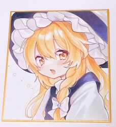 Rule 34 | 1girl, black hat, blonde hair, bow, braid, commentary request, frilled hat, frills, hat, highres, kirisame marisa, long hair, looking at viewer, moni monico, open mouth, side braid, single braid, solo, touhou, traditional media, upper body, white bow, witch hat, yellow eyes