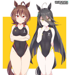 Rule 34 | 2girls, agnes tachyon (umamusume), ahoge, animal ears, black hair, black one-piece swimsuit, breasts, brown hair, character name, closed mouth, commentary request, competition swimsuit, cowboy shot, crossed arms, earrings, hair between eyes, highres, horse ears, horse girl, horse tail, jewelry, large breasts, long hair, looking at viewer, manhattan cafe (umamusume), multicolored hair, multiple girls, one-piece swimsuit, parted lips, red eyes, shigino sohuzi, short hair, single earring, small breasts, streaked hair, swimsuit, tail, umamusume, very long hair, yellow eyes