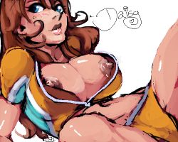 Rule 34 | arm support, blue eyes, breasts, brown hair, large breasts, lowres, mario (series), medium hair, nintendo, nipples, open clothes, open shirt, panties, princess daisy, reclining, simple background, super mario bros. 1, super mario land, tagme, underwear, white background