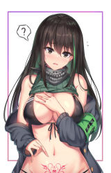 Rule 34 | 1girl, ?, adapted costume, armband, bare shoulders, bikini, black bikini, black eyes, black hair, blush, border, breasts, cenangam, cleavage, clothes lift, cowboy shot, girls&#039; frontline, green hair, green sweater, groin, hair between eyes, headphones, jacket, large breasts, long hair, looking at viewer, m4a1 (girls&#039; frontline), multicolored hair, navel, open mouth, outside border, pointing, pubic tattoo, ribbed sweater, scarf, sidelocks, simple background, solo, spoken question mark, stomach, streaked hair, sweater, sweater lift, sweater vest, swimsuit, tattoo, white background