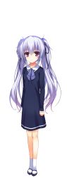 Rule 34 | 1girl, absurdres, dress, full body, highres, light purple hair, looking at viewer, non-web source, purple eyes, reminiscence, reminiscence re:collect, ribbon, shimazu aki, shoes, smile, socks, solo, standing, tomose shunsaku, transparent background, twintails, white socks