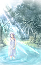 Rule 34 | bekkankou, choker, elf, fairy, forest, green eyes, highres, insect wings, light rays, long hair, nature, pointy ears, purple hair, reflection, ripples, solo, sunbeam, sunlight, wading, water, wings