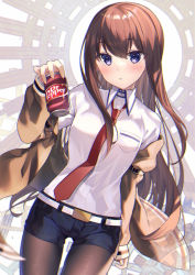 Rule 34 | 1girl, :o, black shorts, blush, breasts, brown hair, brown jacket, can, collared shirt, dr pepper, dress shirt, gyozanuko, hair between eyes, hand up, highres, holding, holding can, jacket, pantyhose under shorts, long hair, long sleeves, looking at viewer, makise kurisu, necktie, off shoulder, open clothes, open jacket, pantyhose, parted lips, puffy long sleeves, puffy sleeves, purple eyes, red necktie, shirt, short shorts, shorts, sleeves past wrists, small breasts, solo, steins;gate, very long hair, white shirt