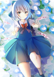 Rule 34 | 1girl, bad id, bad perspective, bad pixiv id, blue bow, blue dress, blue eyes, blue flower, blue hair, blush, bow, bowtie, cirno, closed mouth, cloud, cloudy sky, commentary request, day, dress, flower, foot out of frame, foreshortening, hair bow, highres, ice, ice wings, looking at viewer, lying, morning glory, natsume suzuri, on back, outdoors, outstretched arms, puffy short sleeves, puffy sleeves, red bow, red bowtie, reflection, short hair, short sleeves, sky, smile, solo, swept bangs, touhou, water, wings