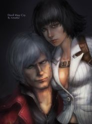 Rule 34 | 1boy, 1girl, black hair, breasts, capcom, chen yue, dante (devil may cry), devil may cry (series), heterochromia, holster, lady (devil may cry), nose, realistic, short hair, shoulder holster, sideboob, sitting, sitting on person, white hair