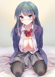 Rule 34 | 1girl, 3:, absurdres, arms behind back, black thighhighs, blazer, blue eyes, blue hair, blue jacket, blush, bow, bowtie, bra, bra lift, breasts, cleavage, closed mouth, colored eyelashes, commentary request, dress shirt, full body, gradient background, grey background, grey skirt, highres, jacket, kneeling, large breasts, long hair, long sleeves, miniskirt, motion lines, open clothes, open jacket, open shirt, original, plaid, plaid bow, plaid bowtie, plaid neckwear, plaid skirt, pleated skirt, red bow, red bowtie, school uniform, shirt, skirt, solo, sweat, tearing up, tears, thighhighs, tomozero, trembling, unbuttoned, unbuttoned shirt, underwear, v-shaped eyebrows, white shirt, wing collar, yellow bra