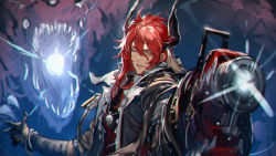 Rule 34 | 1boy, arknights, claws, coat, grin, hair between eyes, holding, holding weapon, horns, long hair, looking at viewer, male focus, one eye closed, red eyes, red hair, ryuuzaki ichi, sesa (arknights), smile, solo, weapon