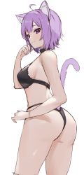 Rule 34 | 1girl, ahoge, animal ear fluff, animal ears, ass, bare arms, black bra, black collar, black panties, blush, bra, breasts, cat ears, cat girl, cat tail, closed mouth, clothing cutout, collar, cowboy shot, hand up, highres, holding, holding hair, hololive, large breasts, nekomata okayu, panties, purple eyes, purple hair, ruka tou, short hair, sideboob, simple background, smile, solo, standing, tail, tail raised, tail through clothes, underwear, underwear only, virtual youtuber, white background