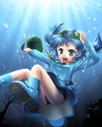 Rule 34 | 1girl, :d, air bubble, blue eyes, blue hair, boots, bubble, female focus, hand on headwear, hat, kawashiro nitori, kei (pixiv), kei kei, key, light rays, matching hair/eyes, open mouth, shoe soles, short hair, smile, solo, sunbeam, sunlight, swimsuit, swimsuit under clothes, touhou, twintails, two side up, underwater, water, wet, wet clothes