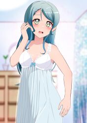 Rule 34 | 1girl, absurdres, aqua hair, bang dream!, blurry, blurry background, commentary request, commission, depth of field, hand in own hair, highres, hikawa sayo, indoors, kisaragi setsu (mssk8485), long hair, looking at viewer, nightgown, partial commentary, pixiv commission, sleepwear, solo, standing, yellow eyes