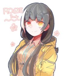 Rule 34 | 1girl, black hair, character name, closed mouth, commentary request, girls&#039; frontline, heterochromia, highres, jacket, long hair, looking at viewer, multicolored hair, open clothes, open jacket, red eyes, ro635 (girls&#039; frontline), sena yuuta, simple background, skirt, smile, solo, streaked hair, twintails, upper body, white background, white hair, yellow eyes, yellow jacket