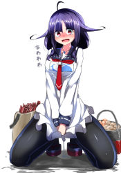 Rule 34 | 10s, 1girl, ahoge, blue hair, blush, kantai collection, kneeling, leaking, looking at viewer, low twintails, neckerchief, oil, open mouth, pantyhose, pee, peeing, peeing self, red eyes, school uniform, serafuku, simple background, skirt, solo, taigei (kancolle), tenken (gotannda), translated, twintails, whale, white background