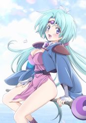 Rule 34 | 1girl, ahoge, blue hair, blush, breasts, circlet, cleavage, cloud, fingerless gloves, gloves, haou taikei ryuu knight, highres, large breasts, long hair, looking at viewer, low twintails, nori (norimakigumo), open mouth, paffy pafuricia, purple eyes, smile, solo, staff, twintails, very long hair