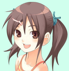 Rule 34 | 1girl, aoi sora (pairan), blush, brown eyes, brown hair, collarbone, from side, hair between eyes, hair ornament, hairclip, looking at viewer, open mouth, original, pairan, portrait, round teeth, simple background, sleeveless, smile, solo, teeth, twintails