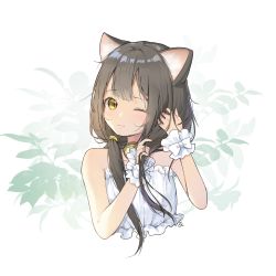 Rule 34 | 1girl, ;), aeng dyu, animal ears, bare shoulders, bell, blush, bra, brown hair, cat ears, choker, frilled bra, frills, hair tie, hairdressing, head tilt, highres, jingle bell, leaf, leaf background, long hair, looking at viewer, low twintails, neck bell, one eye closed, original, signature, slit pupils, smile, solo, tareme, twintails, underwear, upper body, white bra, wrist cuffs, yellow eyes