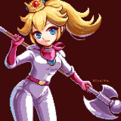 Rule 34 | 1girl, axe, bandana, belt, biker peach, blonde hair, bodysuit, brooch, brown background, closed mouth, crown, gloves, hiroita, holding, holding axe, jewelry, looking at viewer, lowres, mario (series), nintendo, pink bandana, pink belt, pink gloves, pixel art, ponytail, princess peach, signature, solo, the super mario bros. movie, white bodysuit