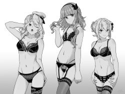 Rule 34 | 3girls, blunt bangs, blush, bra, braid, braided bangs, braided bun, breasts, cleavage, closed mouth, de ruyter (kancolle), french braid, fujinoki (horonabe-ken), garter straps, greyscale, hair bun, hair ribbon, hairband, hand in own hair, hat, holding, holding hair, houston (kancolle), kantai collection, lace, lace-trimmed legwear, lace trim, lingerie, long hair, medium breasts, medium hair, monochrome, multiple girls, one eye closed, open mouth, panties, perth (kancolle), ribbon, sidelocks, simple background, single hair bun, small breasts, thigh strap, thighhighs, underwear, underwear only