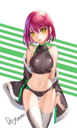 Rule 34 | 1girl, absurdres, artist name, bad id, bad pixiv id, bare shoulders, black shorts, bob cut, breasts, closed mouth, cowboy shot, crop top, eyebrows, eyelashes, groin, hair between eyes, halterneck, hand on own arm, highres, holding own arm, hyoin, jacket, long sleeves, looking at viewer, looking to the side, midriff, navel, off shoulder, open clothes, open jacket, original, pink hair, shade, shiny skin, short hair, short shorts, shorts, sleeveless, solo, stomach, symbol-shaped pupils, thigh gap, thighhighs, turtleneck, white background, white thighhighs, yellow eyes