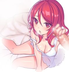 Rule 34 | 10s, 1girl, alternate eye color, blurry, blush, breasts, cleavage, fiodo, handjob, lingerie, looking at viewer, love live!, love live! school idol project, negligee, nishikino maki, off shoulder, open mouth, penis, red eyes, red hair, saliva, saliva trail, sitting, solo, solo focus, underwear