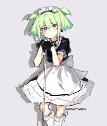 Rule 34 | 1boy, absurdres, alternate costume, alternate hairstyle, apron, artist name, back bow, black dress, black ribbon, blush, bow, crossdressing, dress, earrings, feet out of frame, green hair, grey background, highres, instanttnoodle, jewelry, lio fotia, looking at viewer, maid, maid headdress, male focus, planted, promare, puffy short sleeves, puffy sleeves, purple eyes, ribbon, shadow, short hair, short sleeves, sidelocks, simple background, single earring, socks, solo, standing, trap, triangle earrings, two side up, waist apron, white apron, white socks
