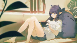 Rule 34 | 1girl, artist name, bare legs, barefoot, black shorts, blurry, character pillow, couch, depth of field, dolphin shorts, frown, headphones, headphones around neck, highres, hololive, hololive english, indoors, knees together feet apart, ninomae ina&#039;nis, ninomae ina&#039;nis (loungewear), ninomae ina&#039;nis (artist), nintendo switch, on couch, plant, playing games, pointy ears, purple eyes, purple hair, reclining, shirt, short hair, shorts, signature, sitting, solo, t-shirt, takodachi (ninomae ina&#039;nis), tentacle hair, virtual youtuber, white shirt, window