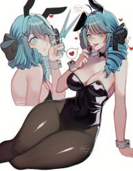 Rule 34 | 1girl, animal ears, bare shoulders, black bow, black leotard, bow, breasts, cleavage, collarbone, drill hair, gwen (league of legends), hair bow, highres, large breasts, league of legends, leotard, long hair, looking at viewer, noodychaan, pantyhose, playboy bunny, rabbit ears, smile, strapless, strapless leotard, twin drills, twintails, wrist cuffs