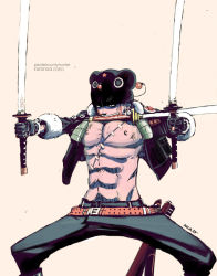 Rule 34 | 1boy, animal ears, belt, character name, dual wielding, fighting stance, gloves, hat, holding, injury, male focus, mouth hold, mulo.., muscular, nipples, one piece, open clothes, open shirt, roronoa zoro, scabbard, scar, sheath, shirt, solo, standing, sword, triple wielding, weapon