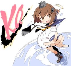 Rule 34 | 1girl, binoculars, brown eyes, brown hair, dress, from side, full body, kantai collection, looking at viewer, open mouth, outstretched arms, sailor dress, shiyoo, short dress, short hair, smile, solo, speaking tube headset, yukikaze (kancolle)