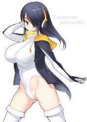 Rule 34 | 10s, 1girl, arm up, black hair, blush, bosshi, breasts, brown eyes, character name, cleavage, closed mouth, covered navel, emperor penguin (kemono friends), hair over one eye, hand in own hair, headphones, highres, hood, hoodie, impossible clothes, kemono friends, large breasts, leotard, long hair, looking at viewer, multicolored hair, open clothes, open hoodie, partially visible vulva, simple background, smile, solo, streaked hair, thighhighs, thighs, turtleneck, white background, white leotard, white thighhighs