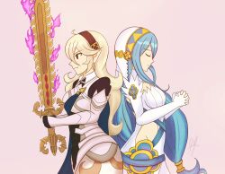 Rule 34 | 2girls, azura (fire emblem), back-to-back, blonde hair, blue hair, closed eyes, corrin (female) (fire emblem), corrin (fire emblem), dress, fire emblem, fire emblem echoes: shadows of valentia, fire emblem fates, highres, holding, holding sword, holding weapon, long hair, multiple girls, nintendo, own hands clasped, own hands together, raydango, red eyes, smile, sword, weapon, white dress, yato (fire emblem)
