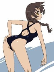 Rule 34 | 1girl, ass, back, bent over, braid, brown eyes, brown hair, long hair, looking back, michael f91, one-piece swimsuit, solo, swimsuit