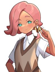 Rule 34 | 1boy, blush, bright pupils, brown vest, chibaqen, closed mouth, collared shirt, creatures (company), game freak, glint, green eyes, hand up, highres, holding, ilima (pokemon), looking at viewer, male focus, nintendo, pink hair, pokemon, pokemon sm, shirt, short sleeves, simple background, smile, solo, split mouth, twitter username, upper body, vest, white background, white pupils, white shirt