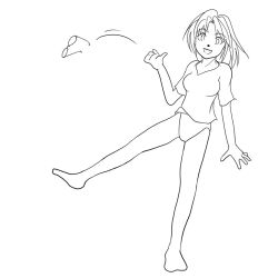 Rule 34 | 1girl, barefoot, glasses, greyscale, lineart, monochrome, panties, shirt, short hair, sketch, smile, solo, standing, standing on one leg, underwear