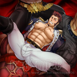 Rule 34 | 4boys, abs, artist name, bara, bare pectorals, belt, beowulf (fate), black belt, black pants, blush, boots, brown hair, facial hair, fate/grand order, fate (series), goatee, grey pants, imminent anal, imminent penetration, iskandar (fate), jacket, kagami06art, large pectorals, long sideburns, lying, male focus, multiple boys, muscular, muscular male, napoleon bonaparte (fate), navel, nipples, on back, open clothes, open jacket, paid reward available, pants, patreon username, pectorals, sakata kintoki (fate), scar, scar on chest, short hair, sideburns, smile, spread legs, teeth, white pants, yaoi