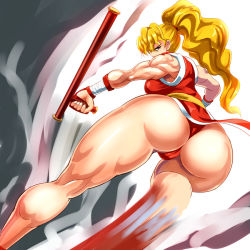 Rule 34 | 1girl, angry, ass, back, big hair, blonde hair, breasts, female focus, final fight, from behind, genryuusai maki, high ponytail, huge ass, kicking, long hair, looking at viewer, looking back, medium breasts, muscular, ninja, ponytail, red eyes, sash, shiny clothes, shiny skin, shoupun, sideboob, solo, street fighter, thighs, thong, tonfa, weapon