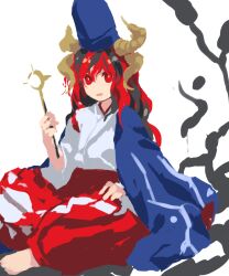 Rule 34 | androgynous, barefoot, black hair, blue hat, bright pupils, commentary request, extra horns, fusion, hakama, hat, highres, horns, japanese clothes, kaigen 1025, kimono, kneeling, long hair, multicolored hair, no lineart, open mouth, red eyes, red hair, red hakama, shingyoku (female), shingyoku (male), shingyoku (touhou), sitting, sketch, smile, solo, tate eboshi, touhou, touhou (pc-98), white kimono, white pupils