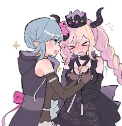 Rule 34 | &gt; &lt;, 2girls, black dress, black flower, black gloves, black horns, black sleeves, blonde hair, blue eyes, blue hair, blush, braid, breasts, cleavage, closed eyes, coat, commentary request, criss-cross halter, crown, detached sleeves, dress, ear piercing, elbow gloves, fingerless gloves, floral print, flower, flying sweatdrops, frilled dress, frills, fubuki clockford, gloves, hair flower, hair ornament, halterneck, hand grab, highres, hood, hooded coat, horns, komatta nagito, large breasts, long hair, looking at another, master detective archives: rain code, multicolored hair, multiple girls, nose blush, open mouth, piercing, pink flower, pink hair, shinigami (rain code), shy, simple background, single braid, sleeveless, sleeveless coat, smile, sparkle, sweatdrop, twin braids, two-tone hair, very long hair, white background