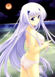 Rule 34 | 1girl, absurdres, ass, bikini, blush, cowboy shot, eclipse, from side, hair ornament, highres, inia sestina, light purple hair, long hair, looking at viewer, looking back, miyata sou, muv-luv, own hands together, parted lips, purple eyes, scan, sidelocks, solo, steepled fingers, swimsuit, very long hair, white bikini
