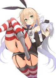 Rule 34 | 10s, 2girls, amatsukaze (kancolle), anchor hair ornament, ass, back-to-back, bad id, bad pixiv id, black panties, blonde hair, boots, bow, brown hair, elbow gloves, garter straps, gloves, green eyes, hair between eyes, hair bow, hair ornament, hairband, hat, kantai collection, knees together feet apart, legs up, lifting person, locked arms, long hair, looking at viewer, looking back, mini hat, minono aki, multiple girls, open mouth, panties, sailor collar, shimakaze (kancolle), silver hair, simple background, striped clothes, striped legwear, striped thighhighs, textless version, thighhighs, two side up, underwear, very long hair, waifu2x, white background, white gloves