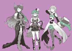Rule 34 | 3girls, adenine (xenoblade), book, boots, breasts, brighid (xenoblade), center opening, chest jewel, fiery hair, flat chest, gloves, hat, jacket, large breasts, medium breasts, mini hat, mini top hat, multiple girls, open clothes, open jacket, pandoria (xenoblade), purple background, rubi nemesis, short hair, tail, thigh boots, thighhighs, top hat, xenoblade chronicles (series), xenoblade chronicles 2