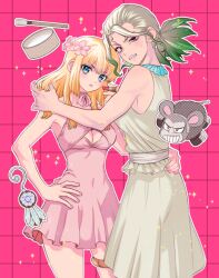 Rule 34 | 2girls, bare arms, blonde hair, blue eyes, breasts, cleavage, cleavage cutout, clenched teeth, clothing cutout, cosmetics, covered navel, cowboy shot, crossdressing, dr. stone, dress, genderswap, genderswap (mtf), gradient hair, green hair, hand on another&#039;s hip, hand on own hip, holding, holding lipstick tube, ishigami senkuu, kohaku (dr. stone), lipstick tube, long hair, looking at viewer, medium breasts, multicolored hair, multiple girls, nail polish, ninomae gin, parted lips, pink background, pink dress, pink nails, ponytail, red eyes, short dress, sleeveless, sleeveless dress, standing, sweatdrop, teeth, thigh strap, white dress, white hair